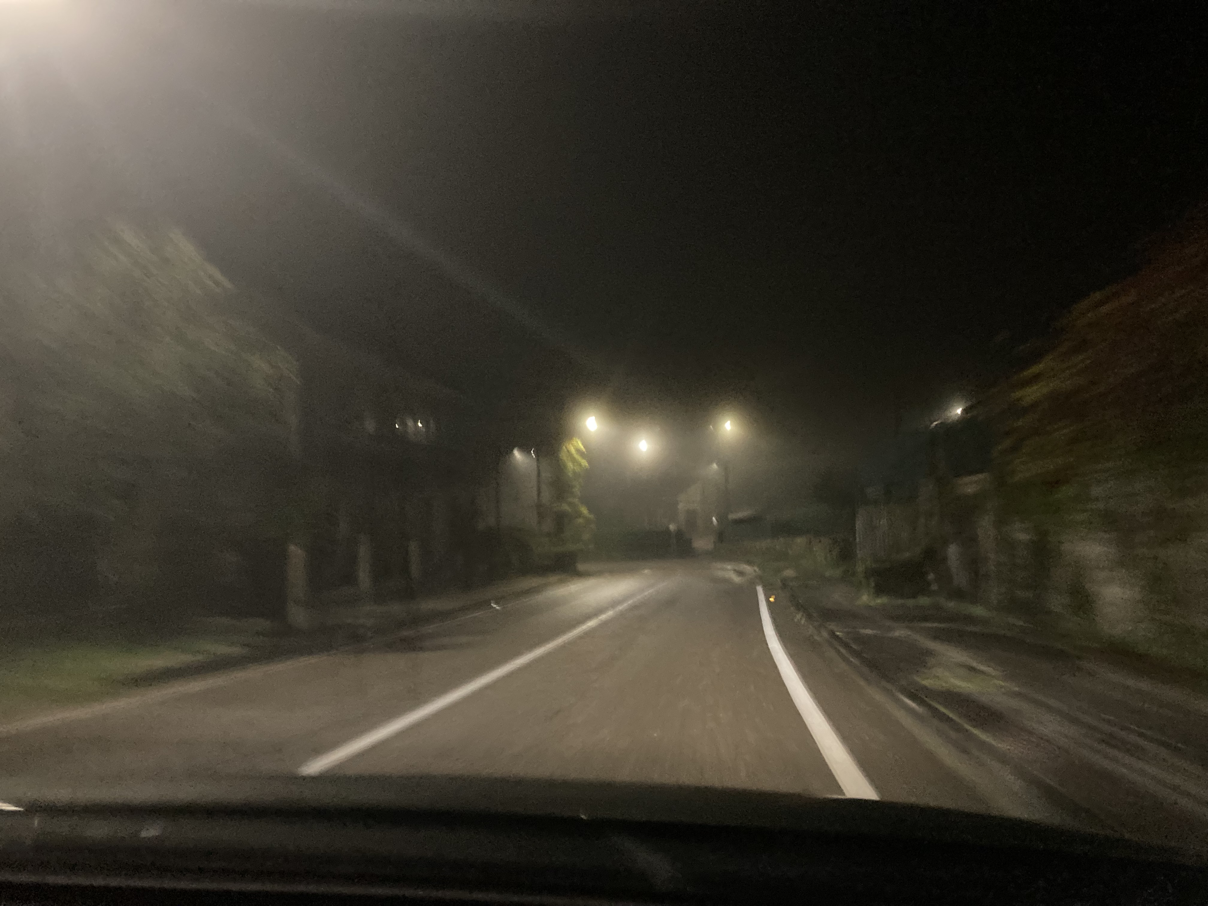 dark country road at night, very foggy